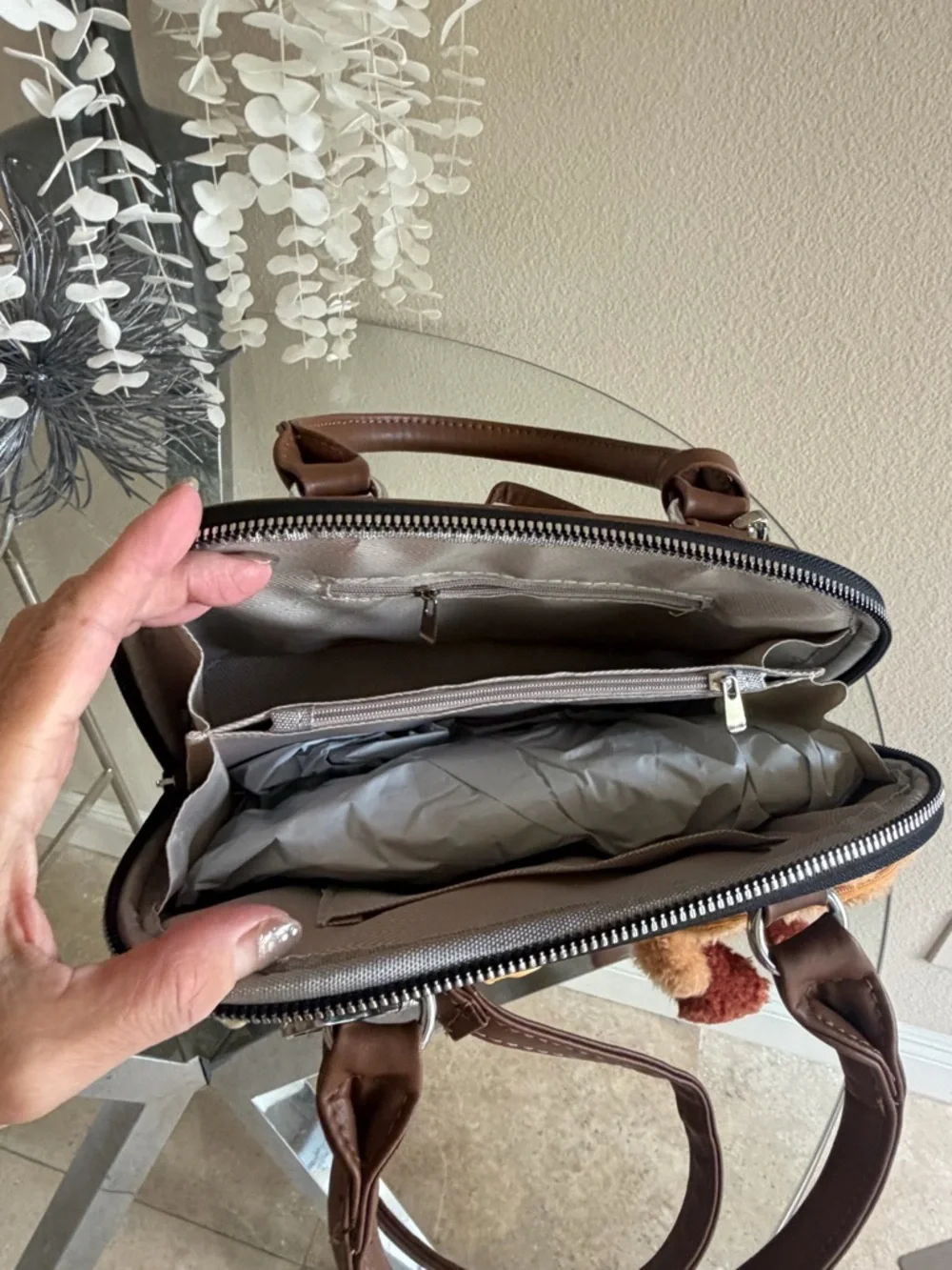 Brown Faux-Leather Handbag with Decorative Charms